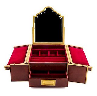 * A French Brass Mounted Leather Jewelry Casket Height 5 5/6 x width 9 x depth 11 1/4 inches.