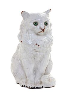 A French Tin Glazed Terra Cotta Model of a Cat Height 8 inches.