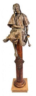 A French Polychrome Patinated Cast Metal Figure Height with pedestal 67 inches.