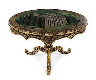 * A Victorian Mother-of-Pearl Inlaid and Japanned Tilt-Top Table Diameter 48 inches.