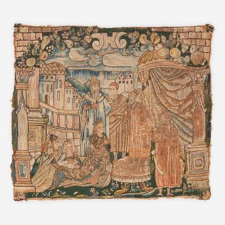 A Northern European Embroidered Wool Panel Depicting a Biblical Scene, 17th century