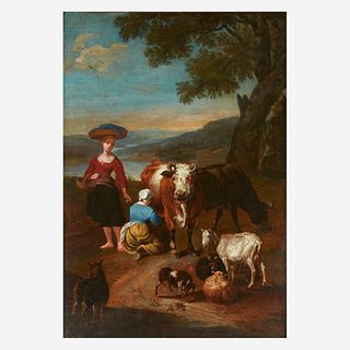 Attributed to Jan Frans van Bloemen (Flemish, 1662-1759), , Arcadian Landscape with Peasants and a Maid Milking Cow