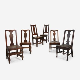 Three Pairs of William & Mary and Queen Anne Oak and Elm Side Chairs, Late 17th/18th century