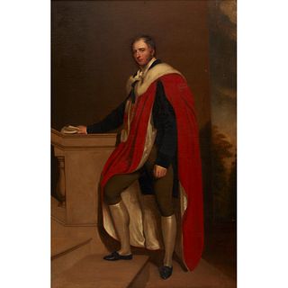 Follower of Sir Thomas Lawrence (British, 1769-1830), , Sir Robert Peel, Bart, Full-Length, Wearing a Fur-Trimmed Scarlet Cloak over...