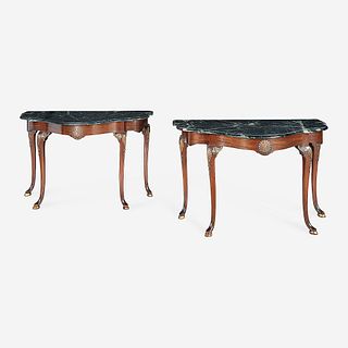 A Pair of George I Style Parcel-Gilt Mahogany and Marble-Top Console Tables, Late 19th/early 20th century