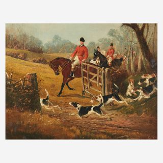Edwin Cooper (British, 1785–1833), , Huntsmen with Hounds Passing Through the Rail Gate