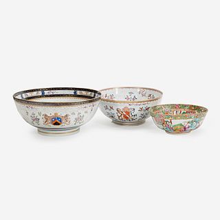 Three Chinese Export and Chinese Export Style Porcelain Bowls, 19th century