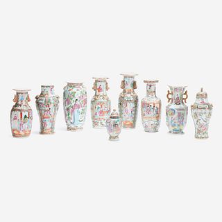 A Collection of Nine Chinese Export Famille Rose and Rose Medallion Porcelain Vases, 19th century