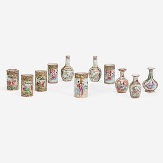 A Collection of Eleven Chinese Export Famille Rose and Rose Medallion Cylindrical Vases and Bud Vases, 19th century