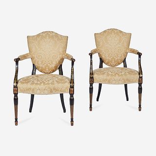 A Pair of Fine George III Ebonized and Gilt-Painted Armchairs, Circa 1785