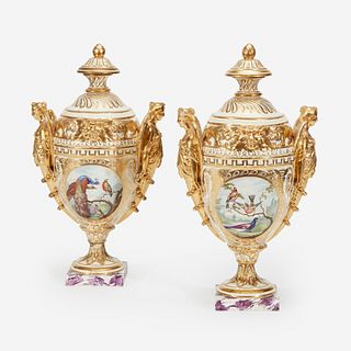 A Pair of Royal Crown Derby Hand-Painted and Parcel-Gilt Covered Urns, Circa 1784-1825