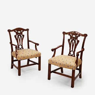 A Pair of George III Style Carved Mahogany Armchairs, 20th century