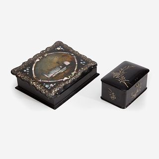A Victorian Mother-of-Pearl Inlaid Black Lacquer Lap Desk and Tea Caddy, 19th century