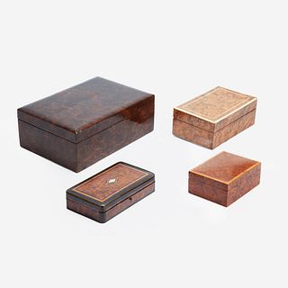 A Collection of Four Victorian Inlaid Amboyna and Thuja Wood Boxes, 19th century