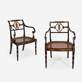 A Near Pair of Regency Style Parcel-Gilt, Polychrome-Painted and Ebonized Armchairs, 20th century