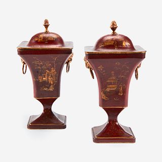 A Pair of Regency Chinoserie Tôle Peinte Urns, First quarter 19th century