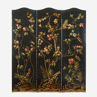 A Victorian Floral-Painted Three-Panel Canvas Screen, Late 19th century