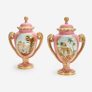 A Pair of Coalport Hand-Painted and Parcel-Gilt 'Rose du Barry' Porcelain Covered Urns, Circa 1861-1875
