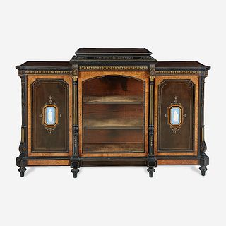 A Victorian Wedgwood Jasperware-Mounted Amboyna and Ebonized Wood Parlor Cabinet, Third quarter 19th century
