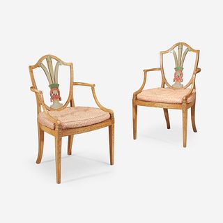 A Pair of Edwardian Prince-of-Wales Plume Polychrome Painted Armchairs, Early 20th century