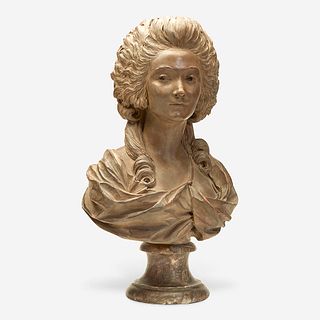 A French Painted Terracotta Bust of Madame du Barry on Marble Base, 18th/19th century