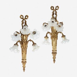 A Pair of Louis XVI Style Gilt-Bronze Five-Light Wall Sconces, Late 19th/early 20th century