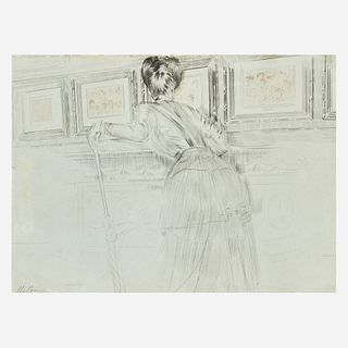 Paul César Helleu (French, 1859–1927), , Madame Helleu Devant les Watteau du Louvre