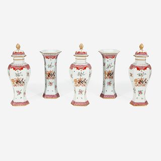 A Samson Chinese Export Style Armorial Porcelain Five-Piece Garniture, Late 19th century