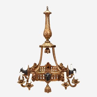 An Empire Style Gilt, Patinated Bronze, and Etched Glass Eight-Light Chandelier, Early 20th century