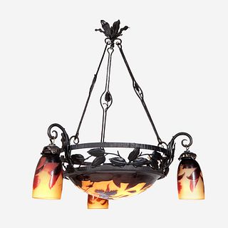 A French Wrought Iron and Cameo Glass Three-Light Chandelier, D’Argental, early 20th century