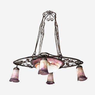 A French Art Deco Wrought Iron and Glass Five-Light Chandelier, Muller Frères, Luneville, circa 1930s