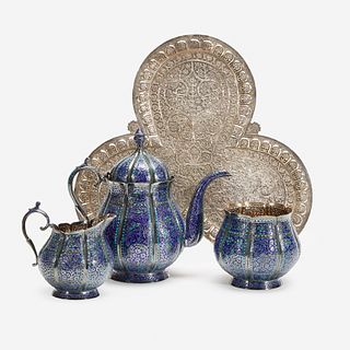 An Enameled Persian Three-Piece Coffee Service, 19th century