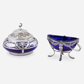 Two Silver Cobalt Glass Lined Serving Pieces, Early 20th century