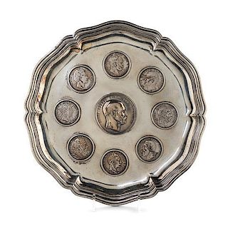 A German Silver Tray, 19th/20th Century, of shaped circular form, inset with eight 19th and 20th five-mark coins centered with a