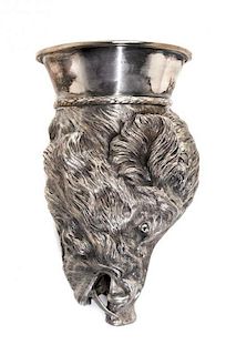 A Russian Silver Figural Stirrup Cup, Probably Andrei Antonov, Moscow, 1885, in the form of a boar's head with gilt interior.