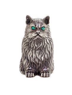 A Russian Silver Model of a Cat, Julius Rappoport, St. Petersburg, 1908-1926, depicted seated, with cabochon emerald-inset eyes.