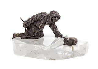 A Russian Silver and Rock Crystal Sculpture, Grachev Brothers, St. Petersburg, Early 20th Century, depicting a seal hunter appro