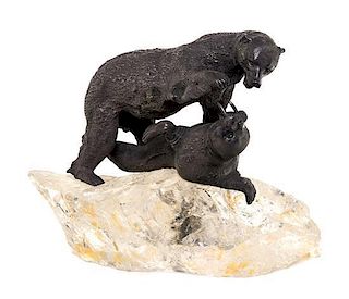 A Russian Silver and Rock Crystal Sculpture, Grachev Brothers, St. Petersburg, Early 20th Century, depicting a bear attacking a