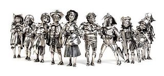 * A Set of Ten Italian Silver Commedia Dell' Arte Figures, Mabuti for Gianmaria Buccellati, Circa 1970, depicting nine men and o