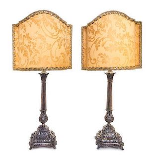 * A Pair of Italian Silver Candlesticks, Nardi, Venice, mounted as lamps with silk shades.