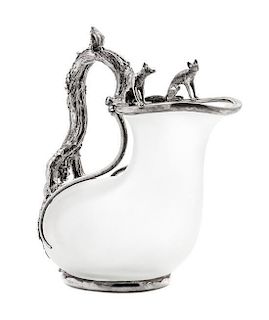 * A Victorian Silver Mounted Frosted Glass Ewer, John S. Hunt, London, 1845, of askos form, the handle formed as a grapevine bra