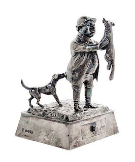 A Victorian Silver Figural Smoking Compendium, Edward Charles Brown, London, 1881, formed as a hunter holding a fox while a dog
