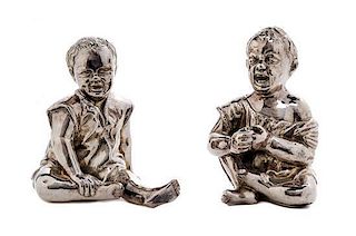 A Pair of Victorian Silver Figural Condiment Containers, Thomas Johnston II, London, 1886, each in the form of a seated child, o