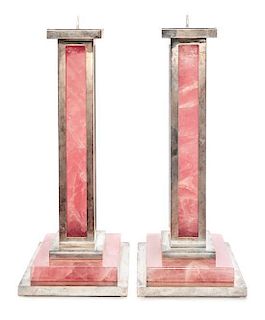 * A Pair of Elizabeth II Silver and Rose Quartz Candlesticks, Paul Belvoir, London, 2007, each silver frame enclosing a columnar