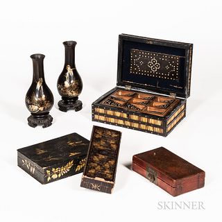 Four Asian Boxes and a Pair of Lacquered Vases