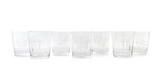 * Seven Etched Glass Tumblers Height 3 5/8 inches.