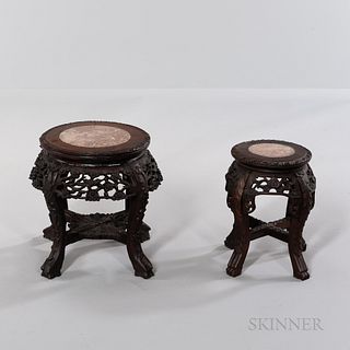 Two Carved Hardwood Marble-top Stands