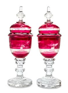 * A Pair of Large Bohemian Ruby Cut to Clear Glass Deckelkopal Height 25 inches.