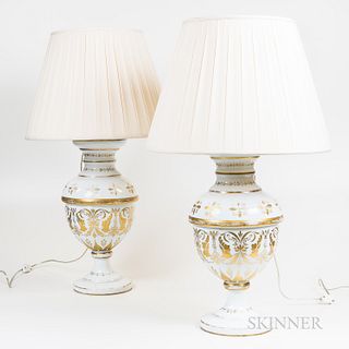 Pair of White Glass and Gilt Urn-form Lamps