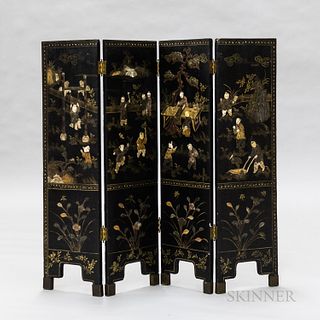 Four-panel Double-sided Black Lacquered Wall Screen